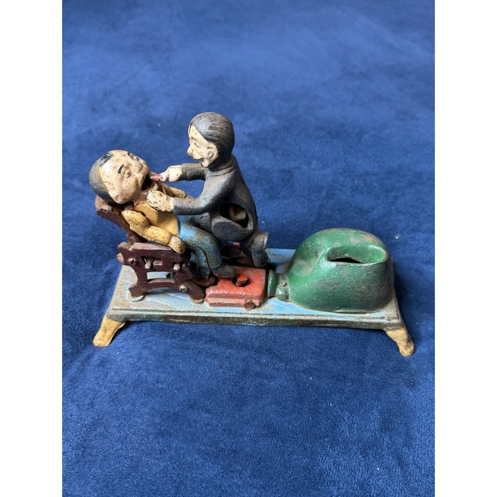 Vtg 1940s Painless Dentist Cast Iron Mechanical Piggy Bank Hand Painted Taiwan